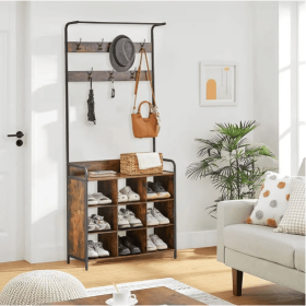 Coat Rack, Hall Tree With Shoe Rack For Entryway, 3-in-1 Entryway Coat Rack And Storage Rack, With 7 Hooks, A Hanging Rod (Option: Antique Natural)